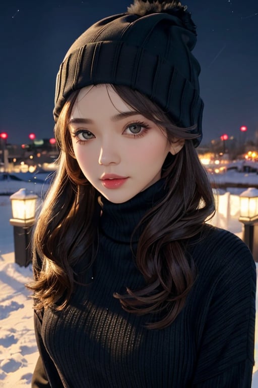 face focus, cute, masterpiece, best quality, 1girl, Niqab, sexy sweater, looking at viewer, hot upper body, beanie, outdoors, night, turtleneck