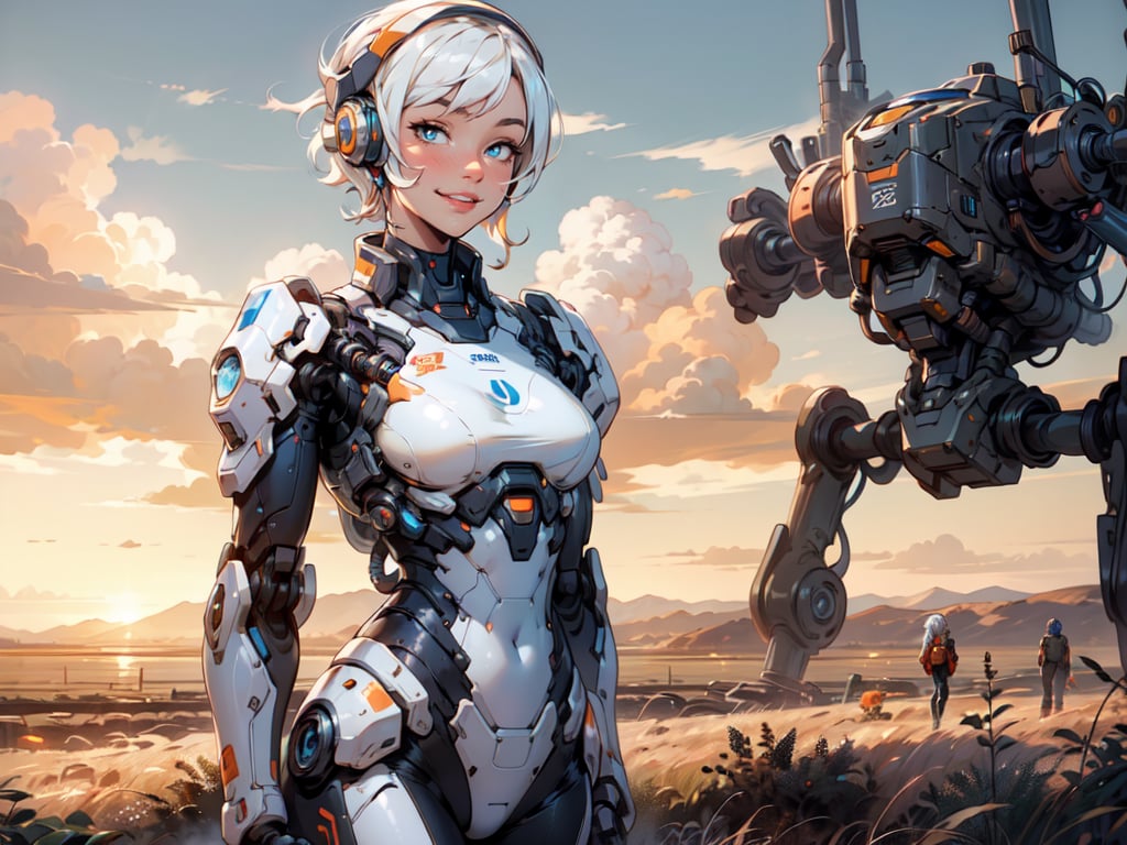  1 girl , Pilot , cute girl, pretty eyes, cheeky face , short orange and white hair , robotic headset , appendages in matching pairs , proper robot Sneakers , proper robot hands , naughty grin , Sci-fi, ultra high res, futuristic , {(little robot)}, {(solo)}, full body , {(complex, Machine background ,Macha outdoors background, Mecha Transport parts)}