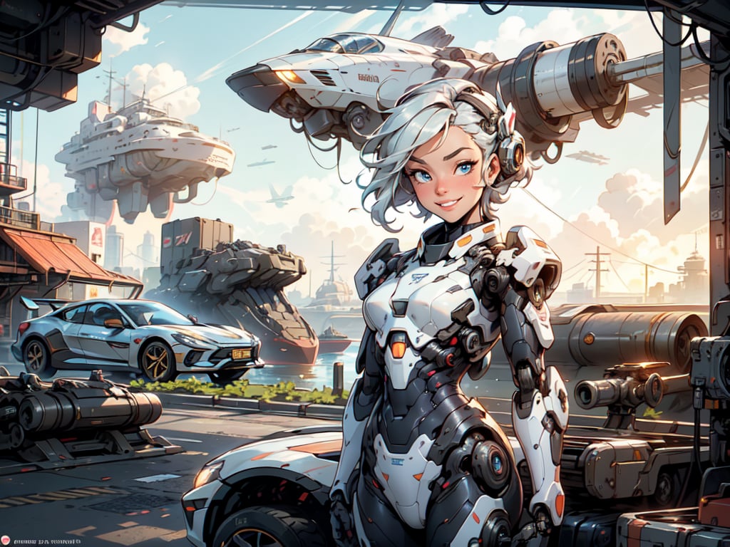 Sci-Fi , 1 pretty cyborg Girl with cheeky grin looking at camera . Weather is clear almost sunset  . Background has sports car and 2 floating ships ,{(little robot)}, {(solo)}, upper body , {(complex, Machine background ,futuristic car and floating ships outdoors background, Mecha Transport parts)}