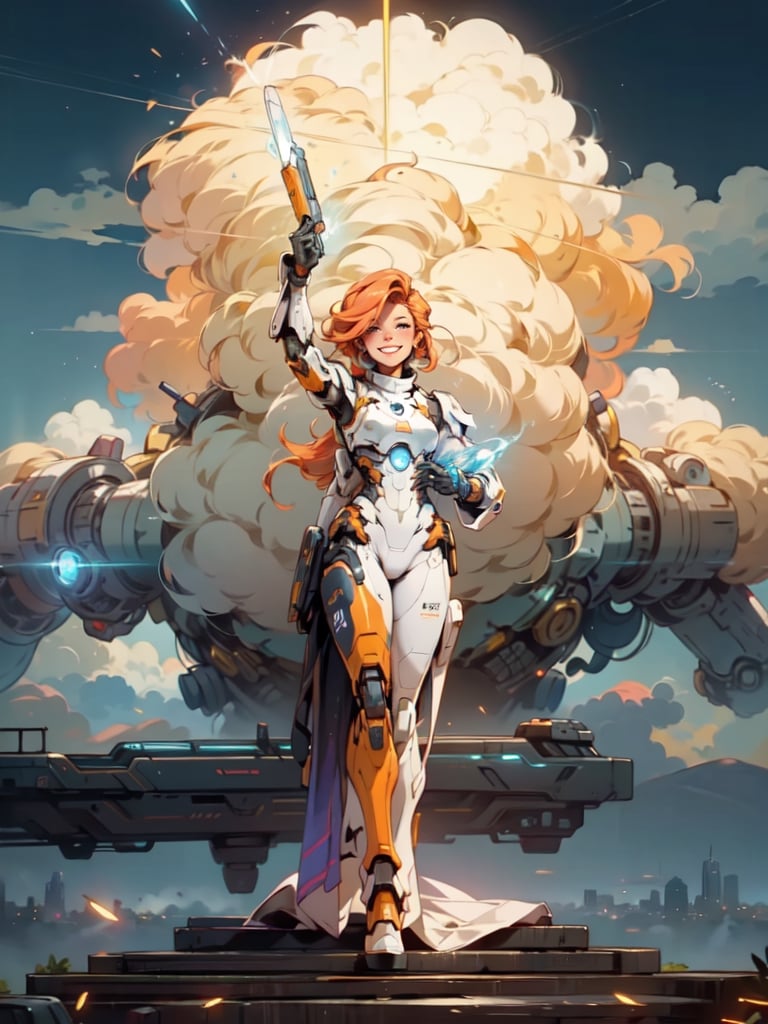 A Cyborg Lady holding a super bright torch standing on top of steps among clouds , cheeky grin , Duo colored hair , short Ginger with blond Pixie hair , appendages in matching pairs , proper cyborg bodies , proper robot hands , Sci-fi, ultra high res, futuristic , {(little robot)}, {(solo)}, full body , {(complex, Sci-Fi background , floating city parts)}