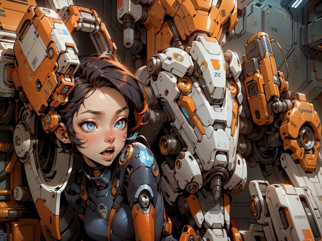 girls , cute girl, pretty eyes , Grey Pupils , sleepy small yawn face , open lips , Short Pixie Hair , multicolored hair Orange & Blond . Sci-fi, ultra high res, futuristic , {(little robot)}, {(solo)} , {(Complex background ,spaceship wall interior background, Mecha parts)}