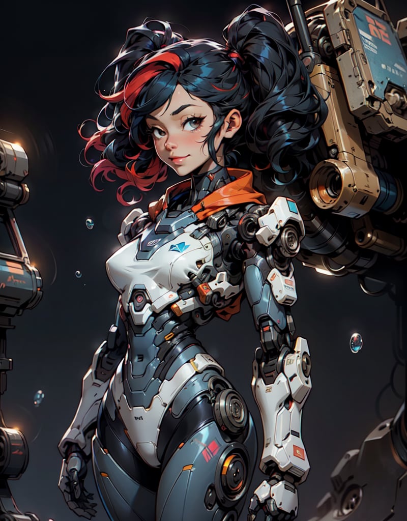  1 girl , Large sweet smile , Full body , cute girl, pretty black eyes, (multicolored hair:1.2) blue and black Curly twintail hair , black cyborg upper body , Sci-fi, ultra high res, futuristic , {(little robot)}, {(solo)}, upper body , {(complex, Machine background ,Grand Canyon type background, Mecha Transport parts)} , ,(bubbles),Raven Darkholme