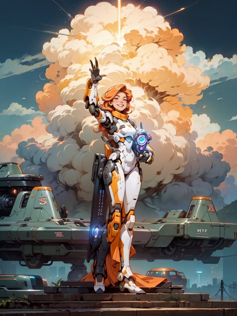 A Cyborg Lady holding a super bright torch standing on top of steps among clouds , cheeky grin , Duo colored hair , short Ginger with blond Pixie hair , appendages in matching pairs , proper cyborg bodies , proper robot hands , Sci-fi, ultra high res, futuristic , {(little robot)}, {(solo)}, full body , {(complex, Sci-Fi background ,Shy outdoor, Mecha Transport parts)}