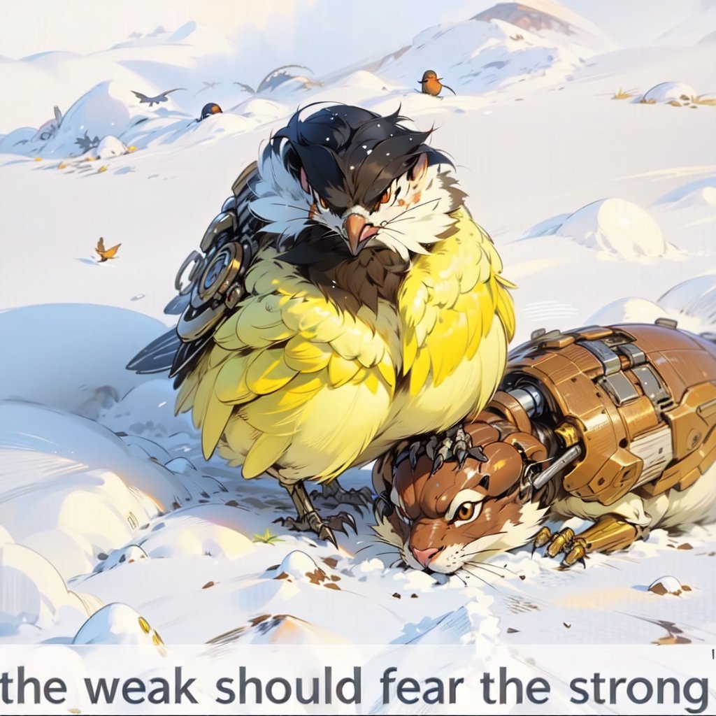 1 cyborg bird stepping on Normal Brown Mouse on top of snow. Text at the bottom says The Weak should fear the Strong 