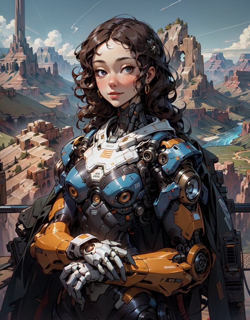 1 Mona Lisa girl , Large sweet smile , Cyborg body Mona Lisa pose with right over left hand , cute girl, pretty black eyes, Curly Mona Lisa Hair hair , black cyborg upper body , Sci-fi, ultra high res, futuristic , {(little robot)}, {(solo)}, upper body , {(complex, Machine background ,Blue sky Grand Canyon type background with rivers , Mecha Transport parts)} , 