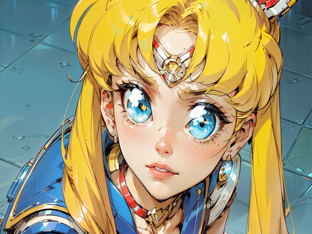  1 girl , face close up cute girl, pretty blue eyes , Sailormoon , angry face , open lips , Red collar , Blond Sailormoon hair , Sci-fi, ultra high res, futuristic , {(little robot)}, {(solo)}, Cyborg Shoulders , {(Bluish tile floor background ,)}