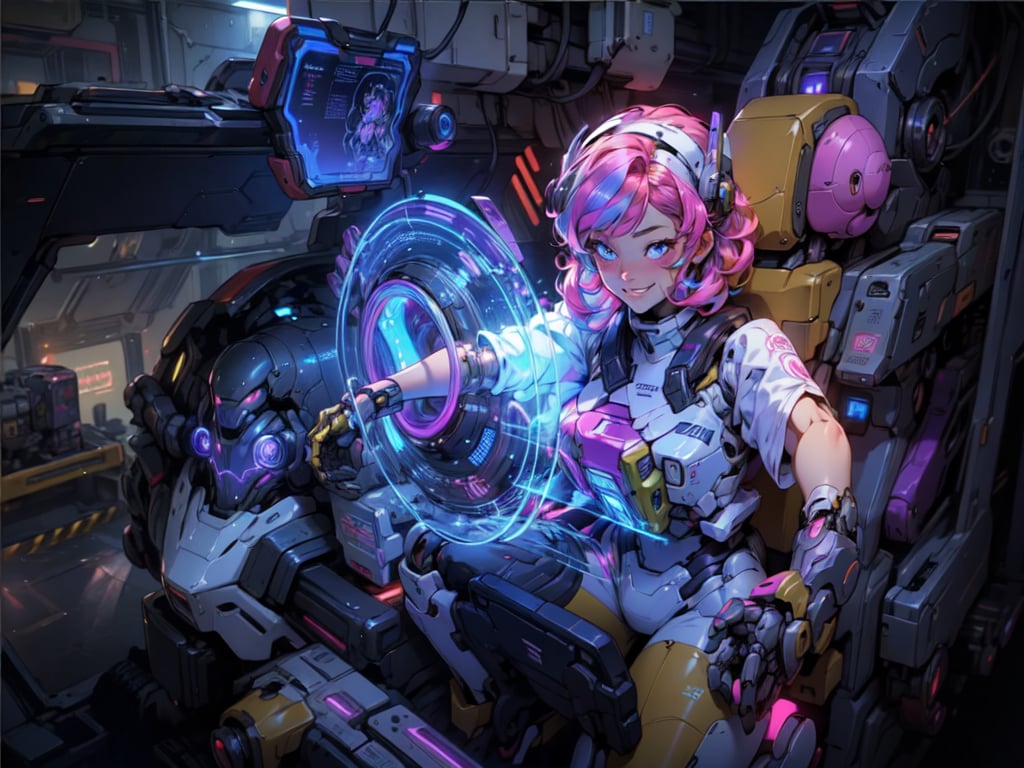 1 girl , floating display Visor , curly multicolored_hair Pink and purple mix , cute girls , proper pretty eyes looking at camera , cheeky grin , short Pixie hair , appendages in matching pairs , proper cyborg bodies , proper robot hands , Sci-fi, ultra high res, futuristic , {(little robot)}, {(solo)}, full body , {(complex, Machine background ,spaceship interior background, Mecha Transport parts)}