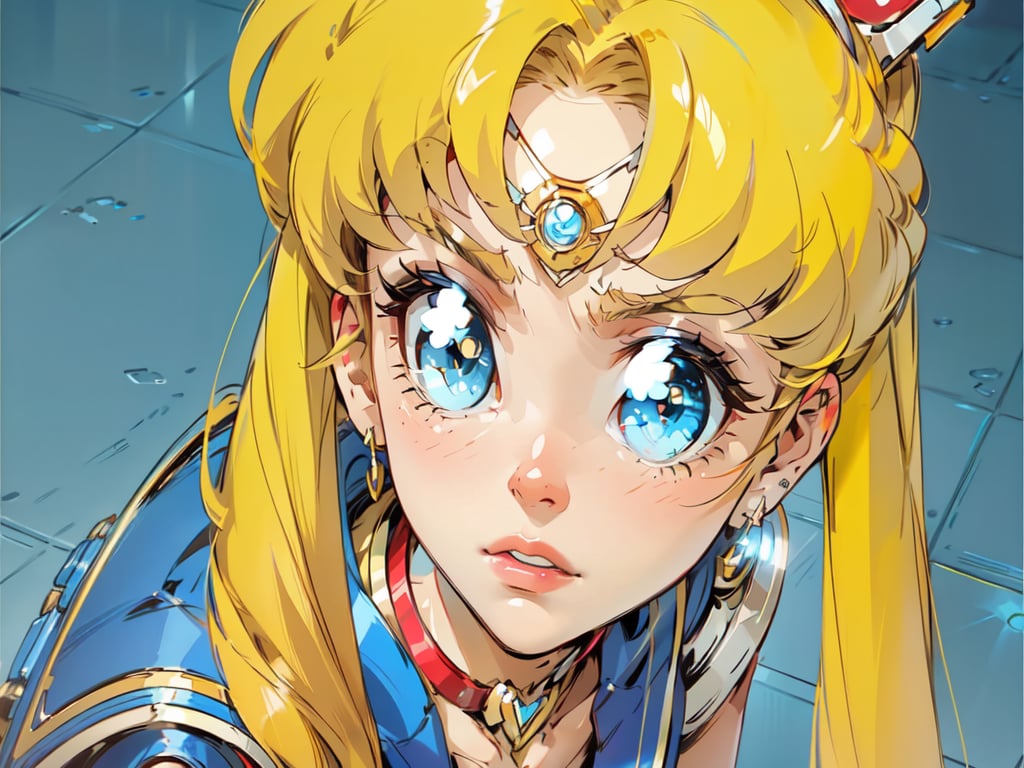  1 girl , face close up cute girl, pretty blue eyes , Sailormoon , angry face , open lips , Red collar , Blond Sailormoon hair , Sci-fi, ultra high res, futuristic , {(little robot)}, {(solo)}, Cyborg Shoulders , {(Bluish tile floor background ,)}