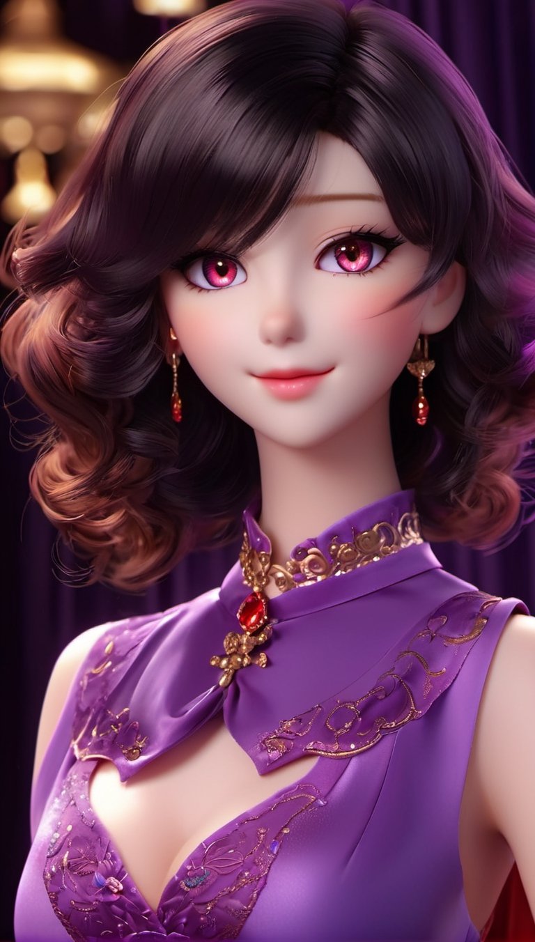 beauty woman, black background, light_purple_eyes, wich red dress, realistic, sinematic, photo studio, like a casual photo, ultra detailed porcelain doll, magic aura, magic style,3d style,anime, red dres, sadistic personality, cani, jakuza, tatto, panoramic, zoom out important background, realistic face, anime face, cat eyes, whole body, short hair, unruly hair, wavy hair, updo hair, vibrant hair, big chest, perfect body, fit, perfect chest, short neck, marked clavicle