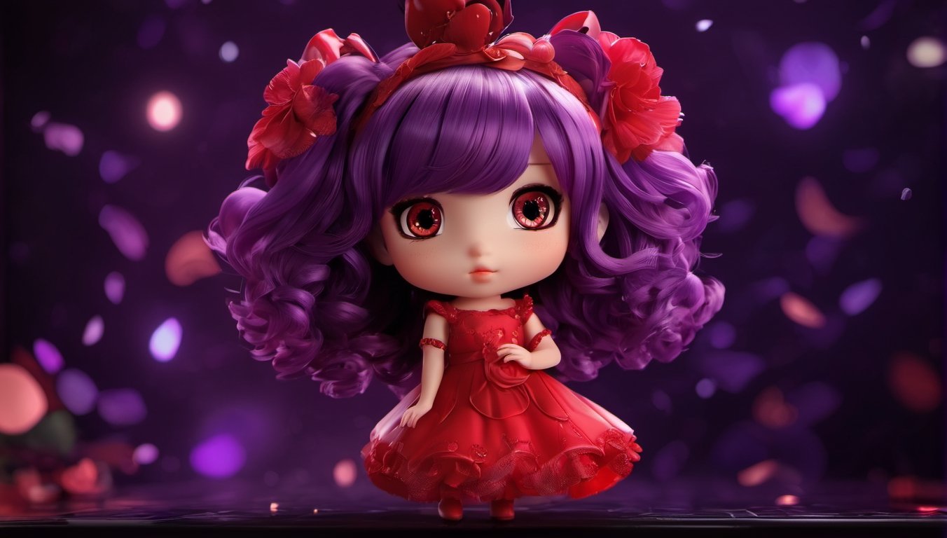 beauty woman, black background, light_purple_eyes, wich red dress, chibi,chibi, realistic, sinematic, photo studio, like a casual photo, ultra detailed porcelain doll, magic aura, magic style,3d style,anime, red dres, sadistic personality, cani, jakuza, tatto, panoramic, zoom out important background