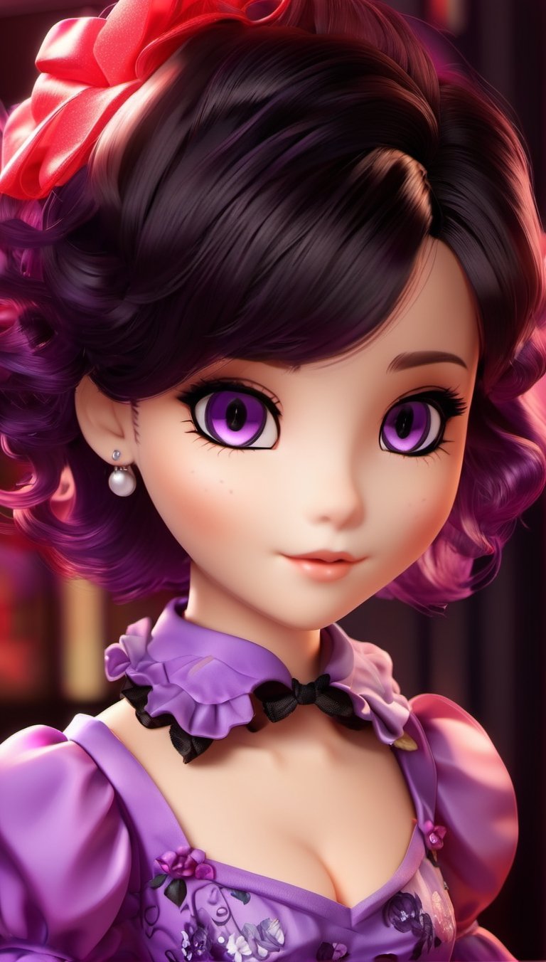 beauty woman, black background, light_purple_eyes, wich red dress, chibi,chibi, realistic, sinematic, photo studio, like a casual photo, ultra detailed porcelain doll, magic aura, magic style,3d style,anime, red dres, sadistic personality, cani, jakuza, tatto, panoramic, zoom out important background, realistic face, anime face, cat eyes, whole body, short hair, unruly hair, wavy hair, updo hair, vibrant hair