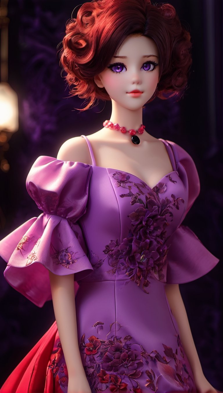 beauty woman, black background, light_purple_eyes, wich red dress, realistic, sinematic, photo studio, like a casual photo, ultra detailed porcelain doll, magic aura, magic style,3d style,anime, red dres, sadistic personality, cani, jakuza, tatto, panoramic, zoom out important background, realistic face, anime face, cat eyes, whole body, short hair, unruly hair, wavy hair, updo hair, vibrant hair