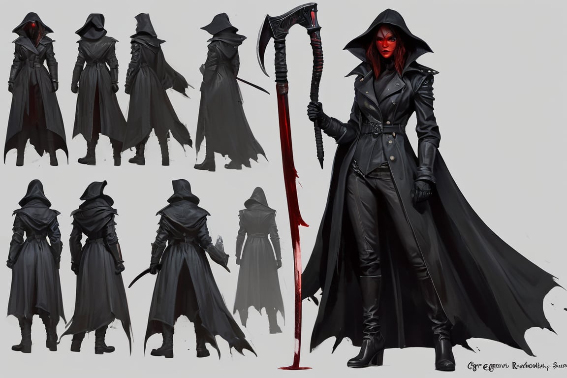 illustration of a female hunter, wearing a trenchcoat, leather gloves, long hair, glowing red eyes, leather boots, wide brim hat, wielding a scythe, (greg rutkowski, goth, emo, scene fashion, van helsing, vampire hunter, bloodborne, dark souls, supernatural horror, gothic horror, grimdark, dark fantasy:1.2), concept art, character model sheet, character design, (multiple views, full body, upper body, reference sheet:1),  masterpiece, highest quality, absurdres, insaneres, very_high_resolution, greg rutkowski,greg rutkowski