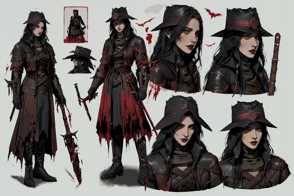 illustration of a female hunter, wearing a trenchcoat, leather gloves, long hair, glowing red eyes, leather boots, wide brim hat, wielding a scythe, (greg rutkowski, goth, emo, scene fashion, van helsing, vampire hunter, bloodborne, dark souls, supernatural horror, gothic horror, grimdark, dark fantasy:1.2), concept art, character model sheet, character design, CharacterSheet, (multiple views, full body, upper body, reference sheet:1),  masterpiece, highest quality, absurdres, insaneres, very_high_resolution, greg rutkowski,