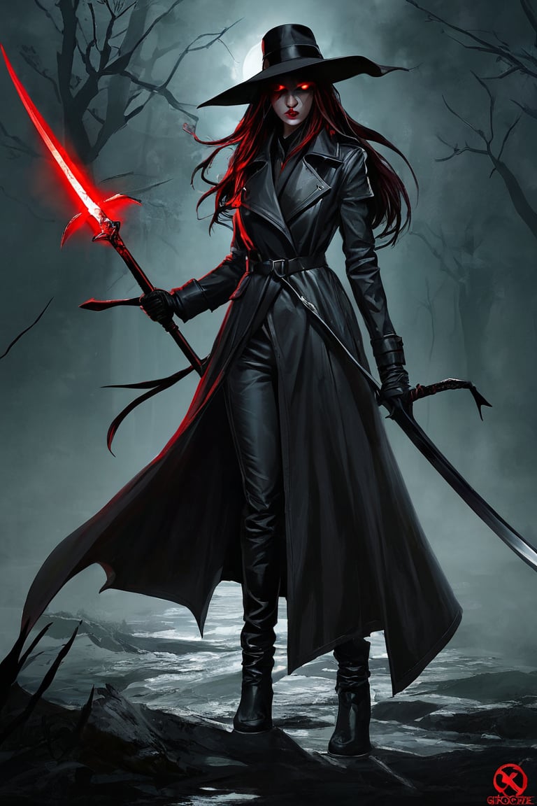 illustration of a female hunter, wearing a trenchcoat, leather gloves, long hair, glowing red eyes,  leather boots, wide brim hat, wielding a scythe, (greg rutkowski, goth, emo, scene fashion, van helsing, vampire hunter, bloodborne, dark souls, gothic horror, grimdark, dark fantasy:1.2), dark atmosphere, dramatic lighting, low key lighting, harsh lighting, dark, strong shadows, key visual, cover art, concept art, masterpiece, highest quality, absurdres, insaneres, very_high_resolution, greg rutkowski