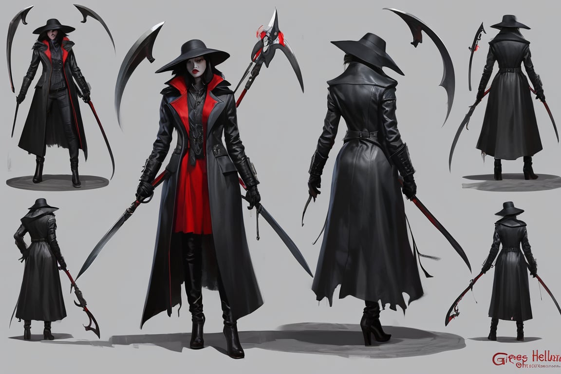 illustration of a female hunter, wearing a trenchcoat, leather gloves, long hair, glowing red eyes, leather boots, wide brim hat, wielding a scythe, (greg rutkowski, goth, emo, scene fashion, van helsing, vampire hunter, bloodborne, dark souls, supernatural horror, gothic horror, grimdark, dark fantasy:1.2), concept art, character model sheet, character design, (multiple views, full body, upper body, reference sheet:1),  masterpiece, highest quality, absurdres, insaneres, very_high_resolution, greg rutkowski,greg rutkowski