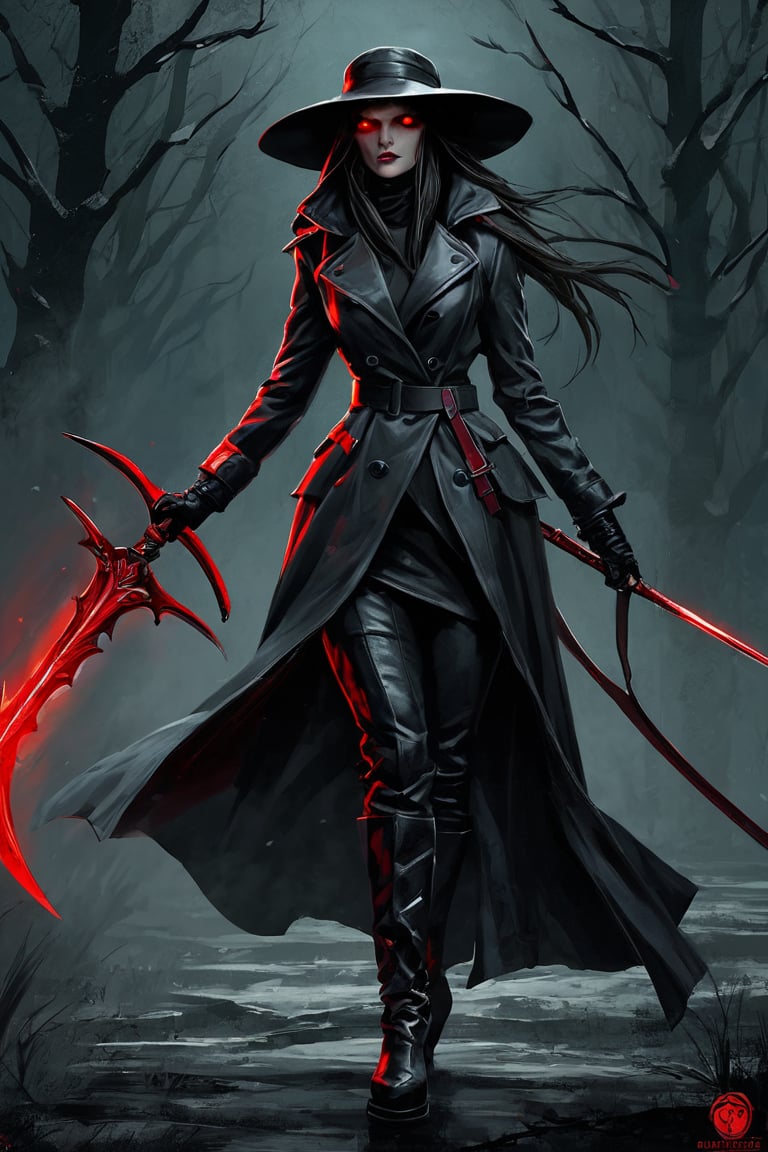 illustration of a female hunter, wearing a trenchcoat, leather gloves, long hair, glowing red eyes,  leather boots, wide brim hat, wielding a scythe, (greg rutkowski, goth, emo, scene fashion, van helsing, vampire hunter, bloodborne, dark souls, gothic horror, grimdark, dark fantasy:1.2), dark atmosphere, dramatic lighting, low key lighting, harsh lighting, dark, strong shadows, key visual, cover art, concept art, masterpiece, highest quality, absurdres, insaneres, very_high_resolution, greg rutkowski