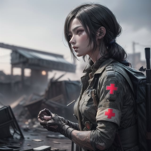 female medic standing in a war-torn battlefield, illustration, digital painting, intricate detail, highly detailed, beautiful, vivid, masterpiece, highres, absurdres, high quality, High detailed ,BiopunkAI, 