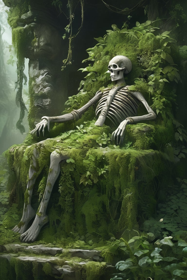 illustration of a mummified body sitting on a stone throne,  covered in vines and roots, overgrown with moss and lichen, green plants, leaves, wild_mushroom, fungi, masterpiece, high_res