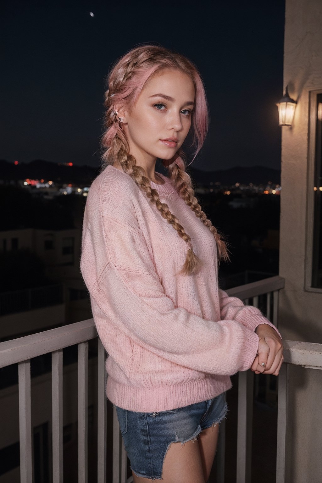  girl, (wearing oversized cotton sweater), standing in balcony,(((nighttime ))), ((braided_hair, pink_hair)), from_front