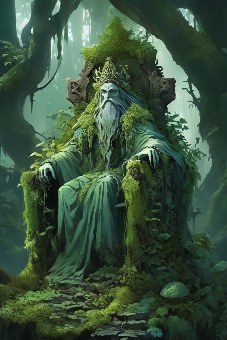 illustration of a lich sitting on a stone throne, covered in creeping vines and roots, overgrown with moss and lichen, green plants, leaves, wild_mushroom, fungi, rotting, decaying, grimdark, dark fantasy, masterpiece, high_res