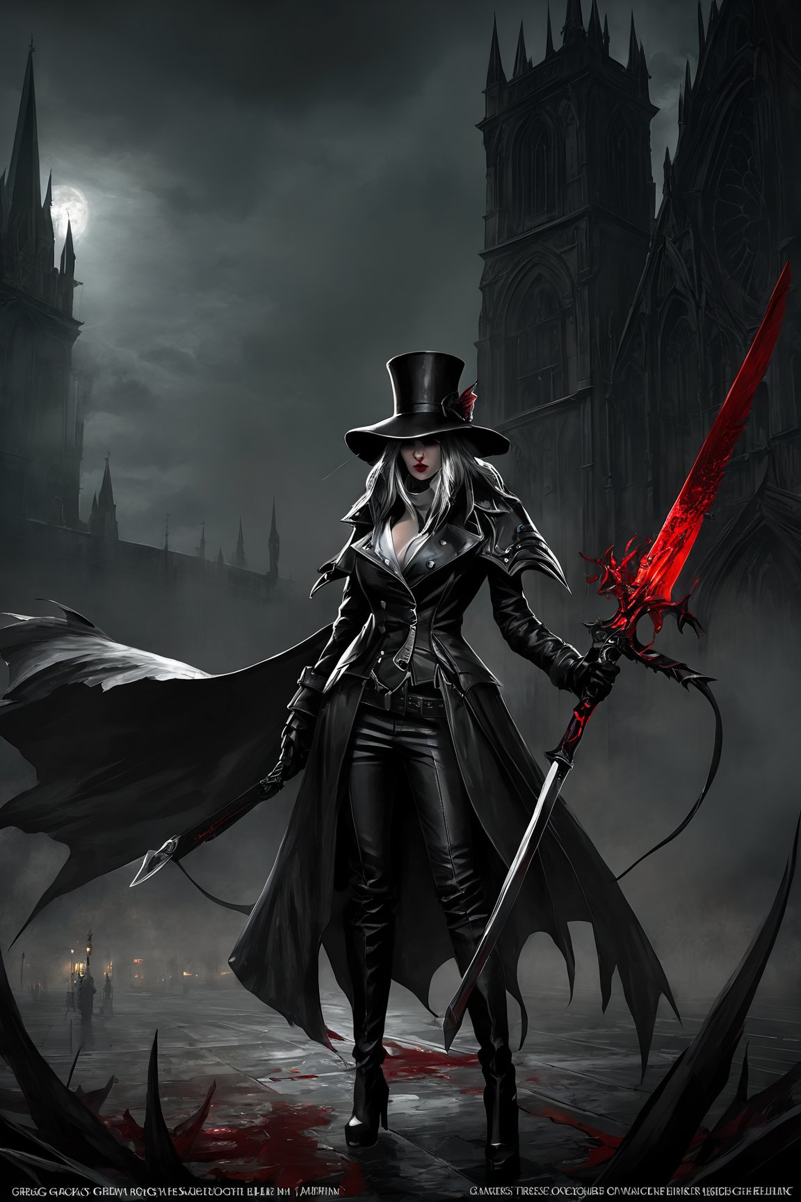 illustration of a female hunter, wearing a trenchcoat, leather gloves, long hair, glowing red eyes,  leather boots, wide brim hat, wielding a scythe, (greg rutkowski, goth, emo, scene fashion, van helsing, vampire hunter, bloodborne, dark souls, gothic horror, grimdark, dark fantasy:1.2), dark atmosphere, dramatic lighting, low key lighting, dark, strong shadows, key visual, cover art, concept art, masterpiece, highest quality, absurdres, insaneres, very_high_resolution,greg rutkowski