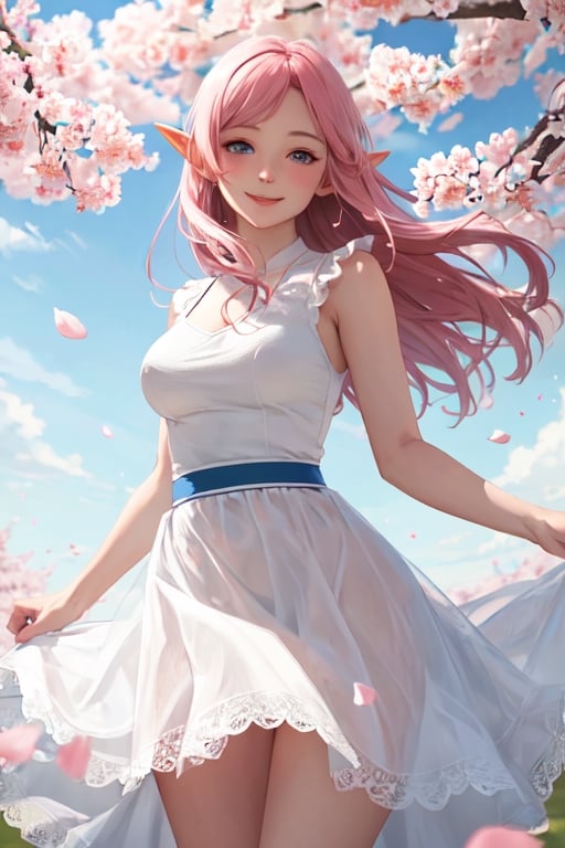 elf girl, pink hair, blue eyes with pink accents, white dress, lacey dress, flowing skirt sleeveless top, top_breast, medium_breasts, smiling, blushing, cowboy_shot, looking at viewer, highly detailed, masterpiece, high_res, greg rutkowski, detailed, BREAK complex_background, cherry_blossoms, flower_petals, windy, springtime,