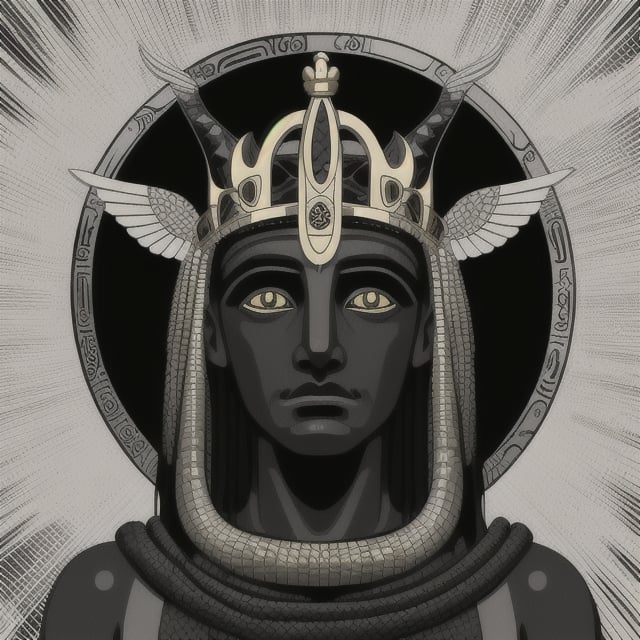 Head of God of Horus with a 3rd eye in middle of forehead ,clear vector art style color is black,wearing a crown made of a slithering serpeant that is encrusted with rubys in snake eyes
