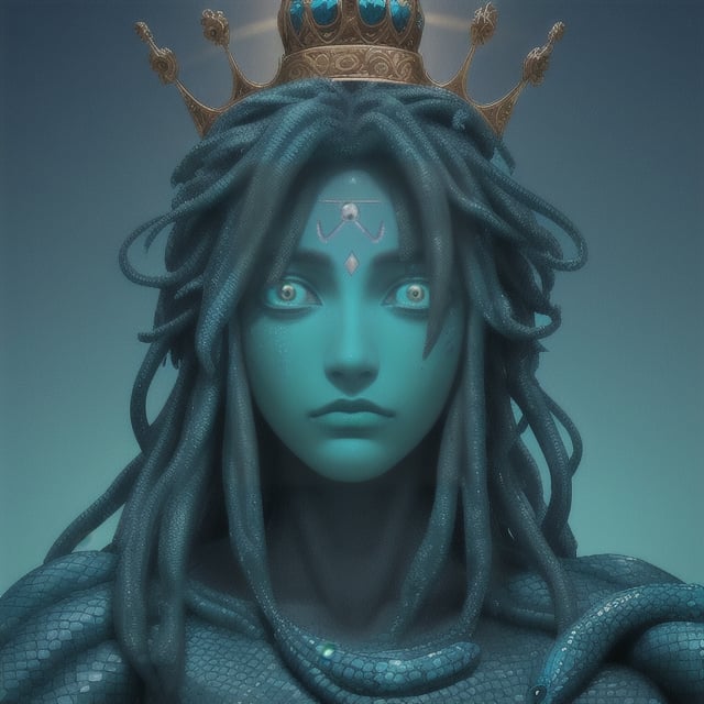 Extremly detailed Head of God of Horus with a 3rd eye in the middle of his forehead , bioluminescent lighting  style color is aqua and black,wearing a crown made of a scaly slithering serpeant that is encrusted with rubys in snake eyes , /?*&#
