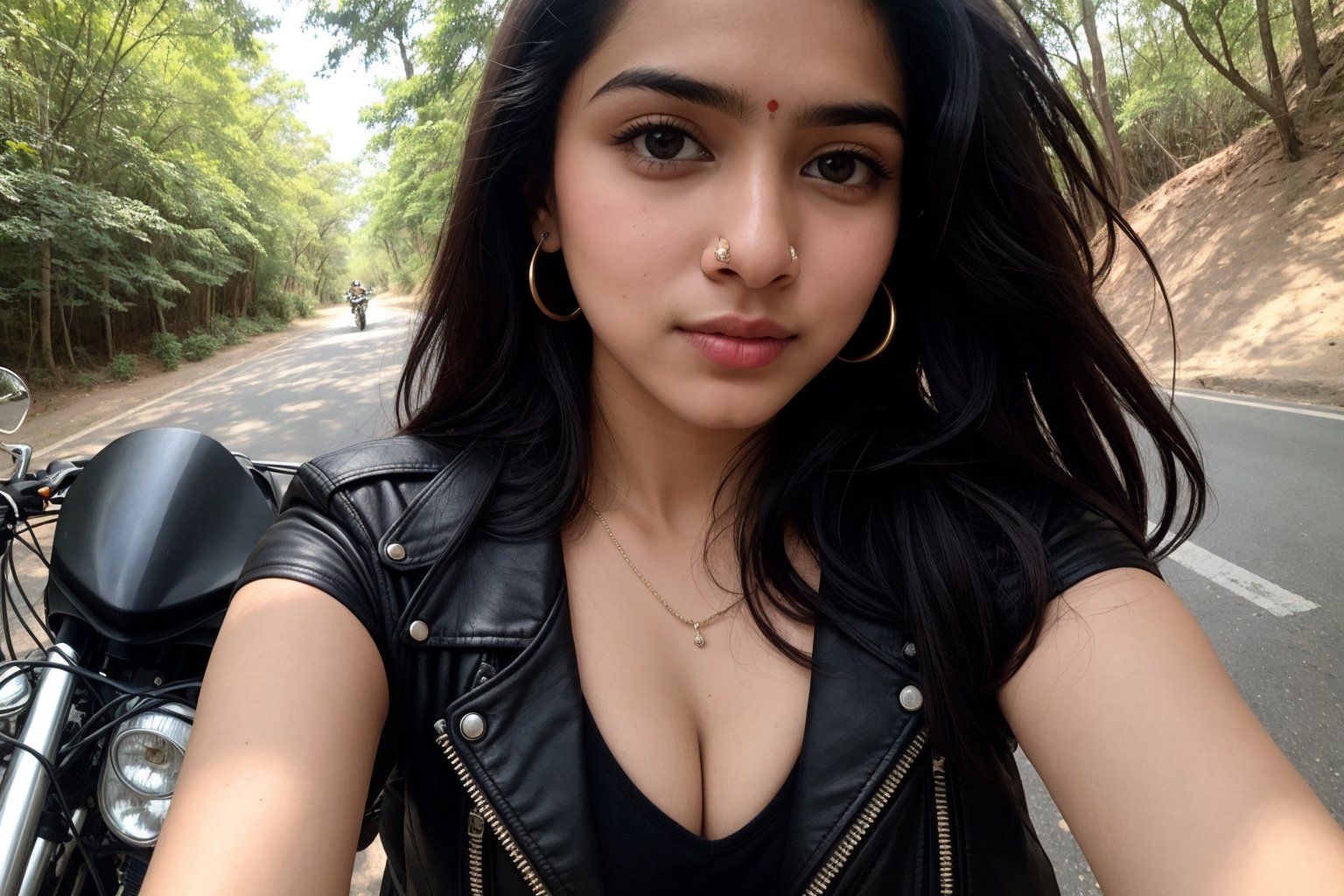 instagram photo, closeup face photo of 23 y.o Indian girl, cleavage, pale skin, hard shadows, sexy look, 8k HDR, riding on motor bike, bike ride, selfie