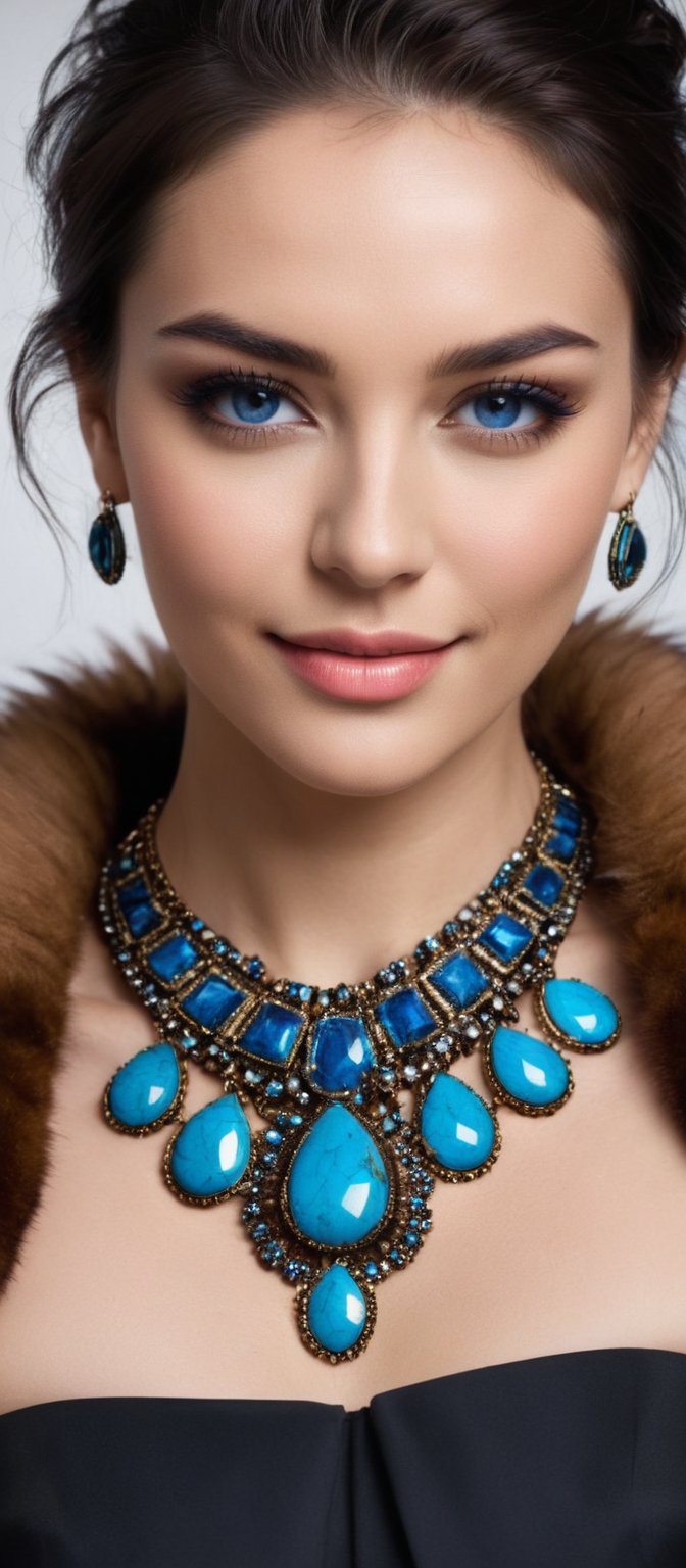 Generate hyper realistic image of a beautiful native woman with dark brown hair cascading down her back, looking directly at the viewer with a gentle smile. She has striking blue eyes and is wearing a black strapless dress paired with a brown fur coat draped over her shoulders. Her neck is adorned with a multi-colored necklace, composed of blue stones arranged in a circular pattern. The setting is a dark room that highlights the elegance of her attire and the vividness of the necklace.