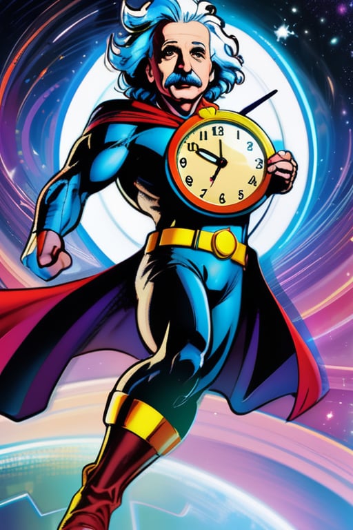 Einstein as superhero with clock in his chest, galaxy in the background, time powers,, marvel comic book style, vibrant colours, action shot, kinetic