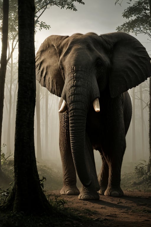 "Capture an award-winning wildlife medium shot that features an intense and threatening action scene of a powerful and majestic elephant. Utilize ultra photorealism to render every detail of the elephant's fur and expressive look with astonishing realism.

The shot should be a close-up action shot, focusing on the elephants upper front and emphasizing its intense threatening gaze. The cinematic dramatic lighting should cast a hazy and mysterious mood over the scene, with cold and muted colors evoking the atmosphere of a sunset in a lush foggy jungle.

Use a Hasselblad H6D 100c camera with the HCD 24mm lens to capture exceptional fine details. Enhance the artistic quality with film grain, adding a touch of nostalgia and depth to the photograph.

To create a hyper-realistic effect, ensure sharp focus on the elephant's fur and expressive eyes. Employ depth of field (DOF) creatively to maintain focus on the subject while beautifully blurring the lush foggy jungle in the background.

The final photograph should showcase the extraordinary beauty and power of the elephant, with absurdres and hyper-realistic lifelike texture enhancing the overall impact. Preserve the authenticity of the elephant's appearance, avoiding excessive editing.

Overall, this action photography project aims to capture a breathtaking and award-worthy portrayal of the elephant in a dramatic and intense action scene, evoking a sense of wonder and admiration for the wild and majestic creatures of the jungle.