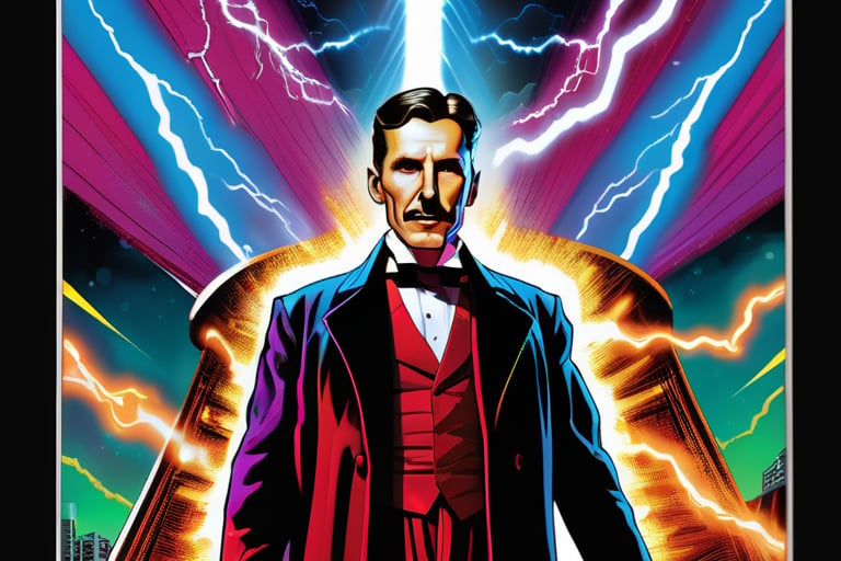 Nikola Tesla as electric superhero, lightning powers, tesla coil in background, marvel comic book style, cover page, vibrant colours