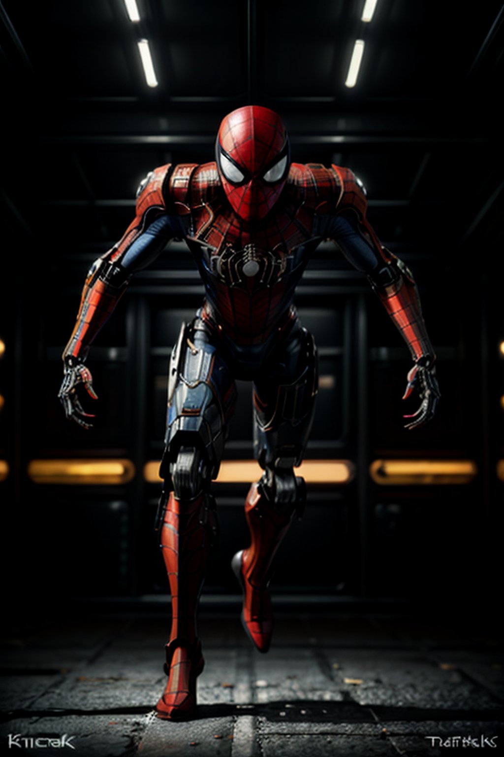 Spiderman mech , futuristic world, ((darksynth)),(((kinetic))), masterpiece full body, high definition, 8k, very high quality 1.5, high details face, sharp, dof ,depth_of_field, , style of Genndy Tartakovsky