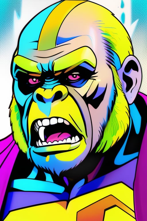 Charles Darwin as a superhero transforming into a gorilla, marvel comic book style, vibrant colours, action shot, kinetic