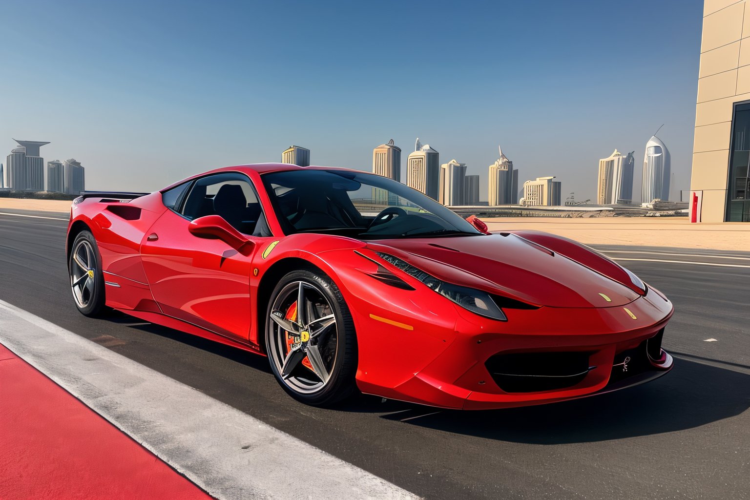 RAW phontograph of ferrari 458 car, red color,red color car, dark sky,cool, asthetic, spoilers,full car in frame, full car picture, drift,highly detaited, 8k, 1000mp,ultra sharp, master peice, realistic,detailed grills, detailed headlights,4k grill, 4k headlights, rich city, dubai