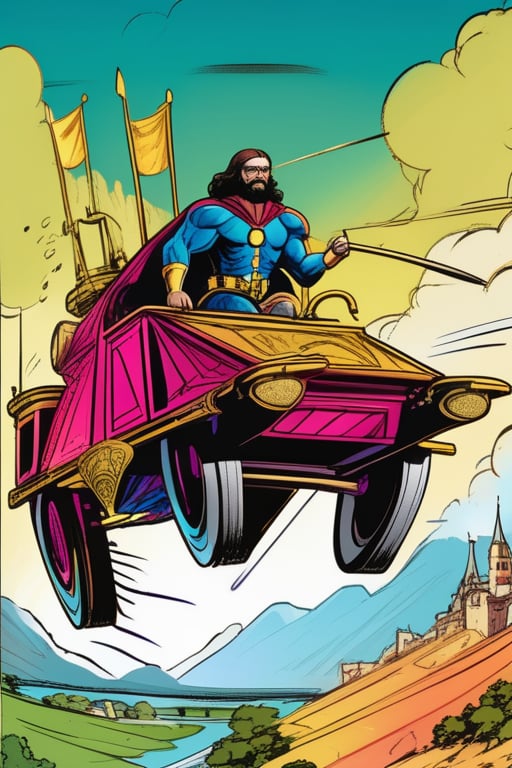 Leanardo Da Vinci as a superhero driving a renaissance fighting vehicle he invented, marvel comic book style, vibrant colours, action shot, kinetic