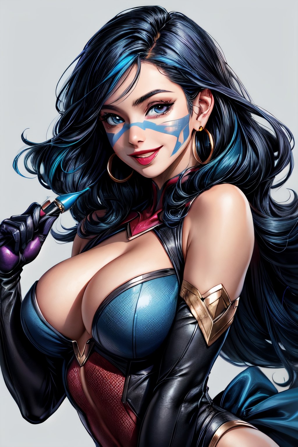 1girls bare_shoulders big_breasts birds_of_prey blackwalker blue_eyes blue_hair breasts bust busty color colored dark_hair dc dc_comics earrings facing_viewer female female_ejaculation female_focus female_only hair helena_bertinelli huntress huntress_(dc_comics) large_breasts lipstick long_hair looking_at_viewer makeup mask plain_background round_ears smile smiling solo solo_female solo_focus superheroine tagme uncensored white_background