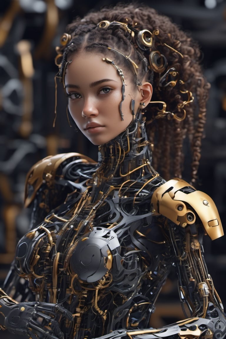 cyborg style, cyborg, 3d style,3d render,cg,beautiful, (1girl, looking at viewer,close up), curly hair, long braid, brown eyes, cyborg , mechanical limbs,cute gloves, dancing, dynamic pose, black metalic parts,golden parts, Reflections on metal, damaged parts, connected to wires