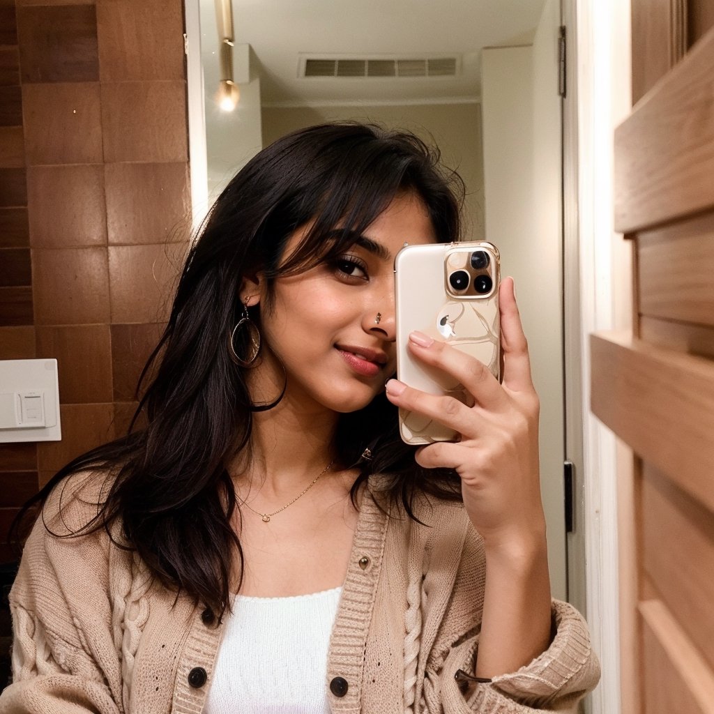RAW photo, photo of indian girl called Pavithra, Instagram model (20yo), flaunting her body with confidence and elegance, Photography, utilizing a Canon EOS R5 with a 85mm prime lens set at f/2.8,realhands, selfie in front of hotel mirror, iphone, photorealistic, ,hourglass body shape,photorealistic, ((( girl wearing oversized beige sweater ))),iphone mirror selfie