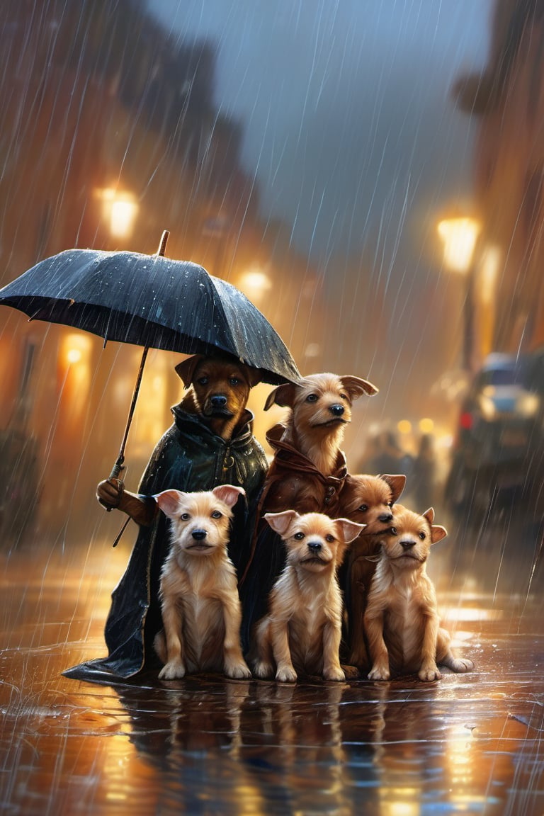 Hyper-detailed  painting, Jean-Baptiste Monge style, a gang of cute little puppies gathered in the rain  under an single black long raincoat, splash, glittering, cute and adorable, filigree, lights, fluffy, magic, surreal, fantasy, digital art, ultra hd, hyper-realistic illustration, vivid colors,  UHD, cinematic perfect light,greg rutkowski