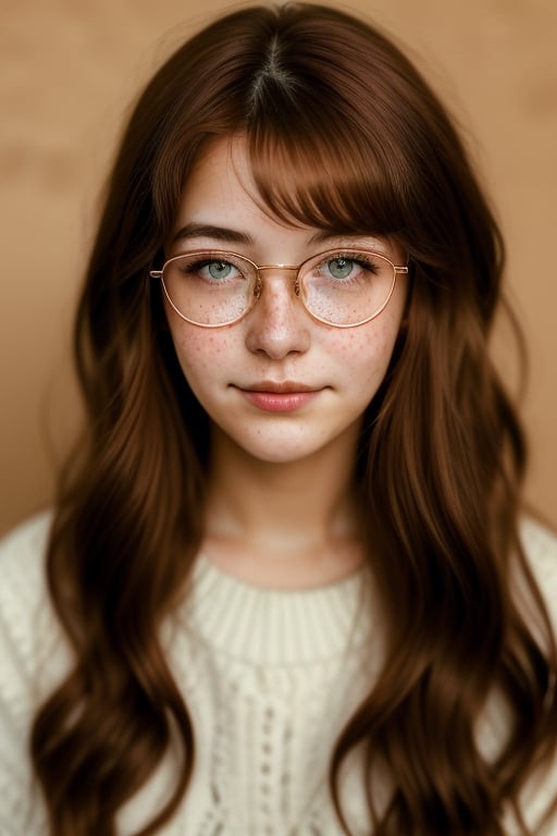 Professional studio, Masterpiece, 18 year old female, portrait, long red hair, slightly freckles, (shy), bored, sideways, eyeglasses, head turned, bashful, hiding, brown eyes, wide nose, nice outfit, beautiful, expressive eyes, cheesy backdrop,Detailedface,Photo Real