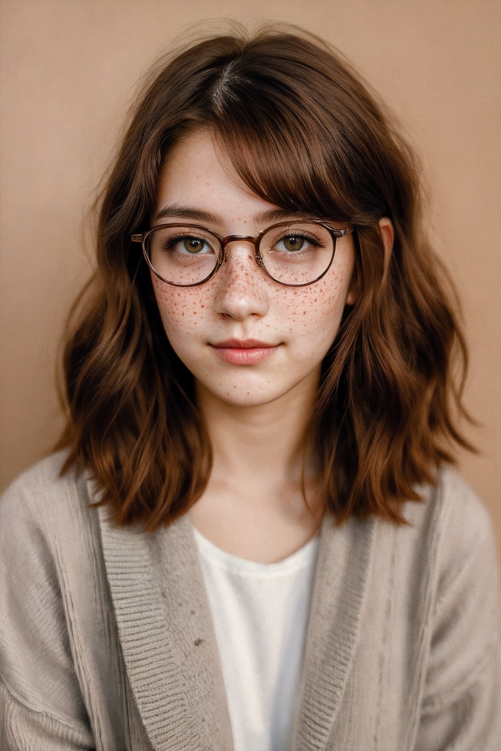 Professional studio, Masterpiece, 18 year old female, portrait, long red hair, slightly freckles, (shy), bored, sideways, eyeglasses, head turned, bashful, hiding, brown eyes, wide nose, nice outfit, beautiful, expressive eyes, cheesy backdrop,Detailedface,Photo Real