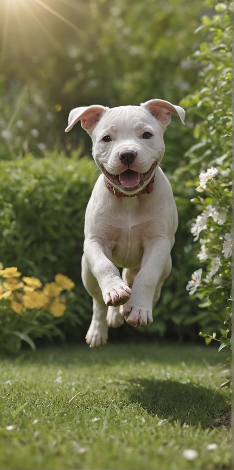 Hyperrealistic photo, very close-up of a beautiful and tender Pitbull puppy, he is in a garden playing, jumping. A garden with short, very green grass. Many small, colorful flowers. It's daytime, the light is natural. The light creates a contrast of shadows on the animal. Beautiful scene, ultra detailed, hyperrealistic, colorful, distant.