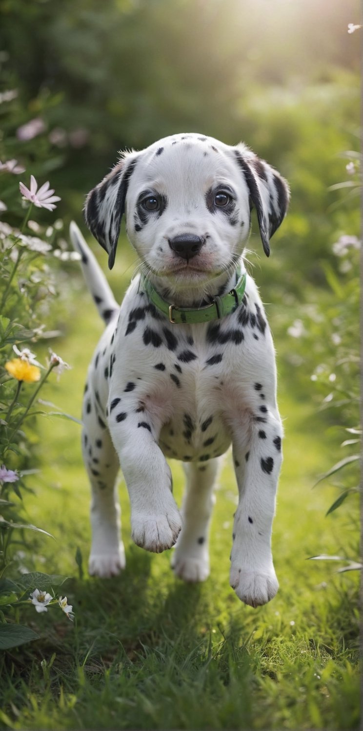 Hyperrealistic photo, very close-up of a beautiful and tender Dalmatian puppy, he is in a garden playing, jumping. A garden with short, very green grass. Many small, colorful flowers. It's daytime, the light is natural. The light creates a contrast of shadows on the animal. Beautiful scene, ultra detailed, hyperrealistic, colorful, distant.