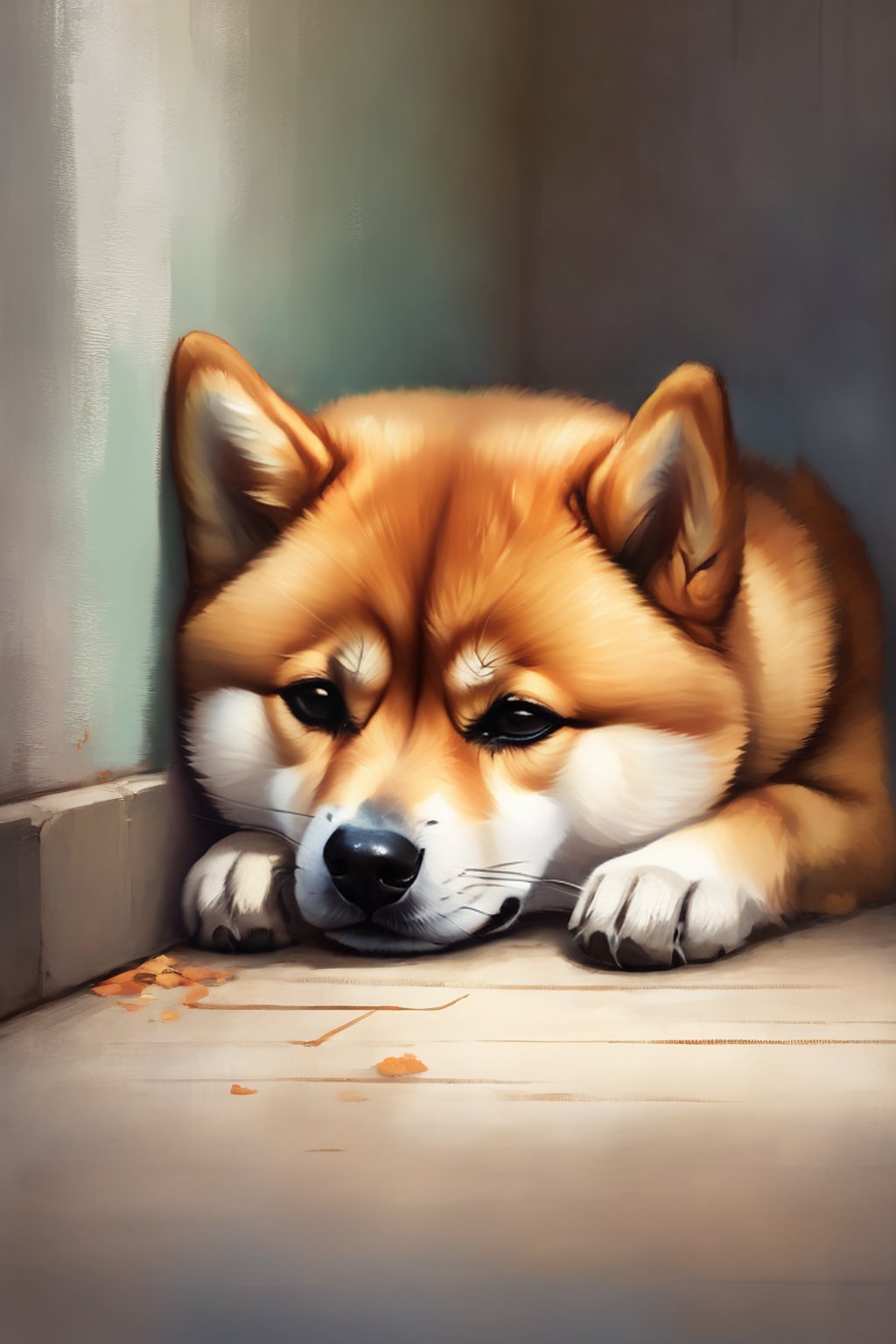 A sad little Shiba Inu dog curled up in a corner, tears rolling down its furry cheeks, its eyes conveying a deep sense of despair, the room's atmosphere heavy with sorrow, Soft pastel drawing, capturing the dog's vulnerability and emotions,