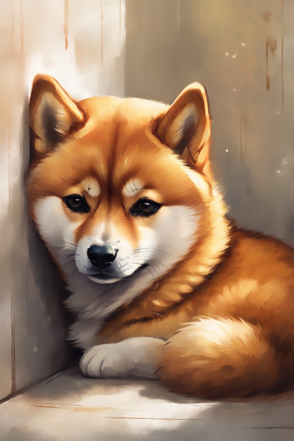 A sad little Shiba Inu dog curled up in a corner, tears rolling down its furry cheeks, its eyes conveying a deep sense of despair, the room's atmosphere heavy with sorrow, Soft pastel drawing, capturing the dog's vulnerability and emotions,