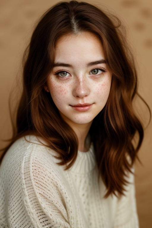 Professional studio, Masterpiece, 18 year old female, portrait, long red hair, slightly freckles, (shy), bored, sideways, eyeglasses, head turned, bashful, hiding, brown eyes, wide nose, nice outfit, beautiful, expressive eyes, cheesy backdrop,Detailedface,Photo Real