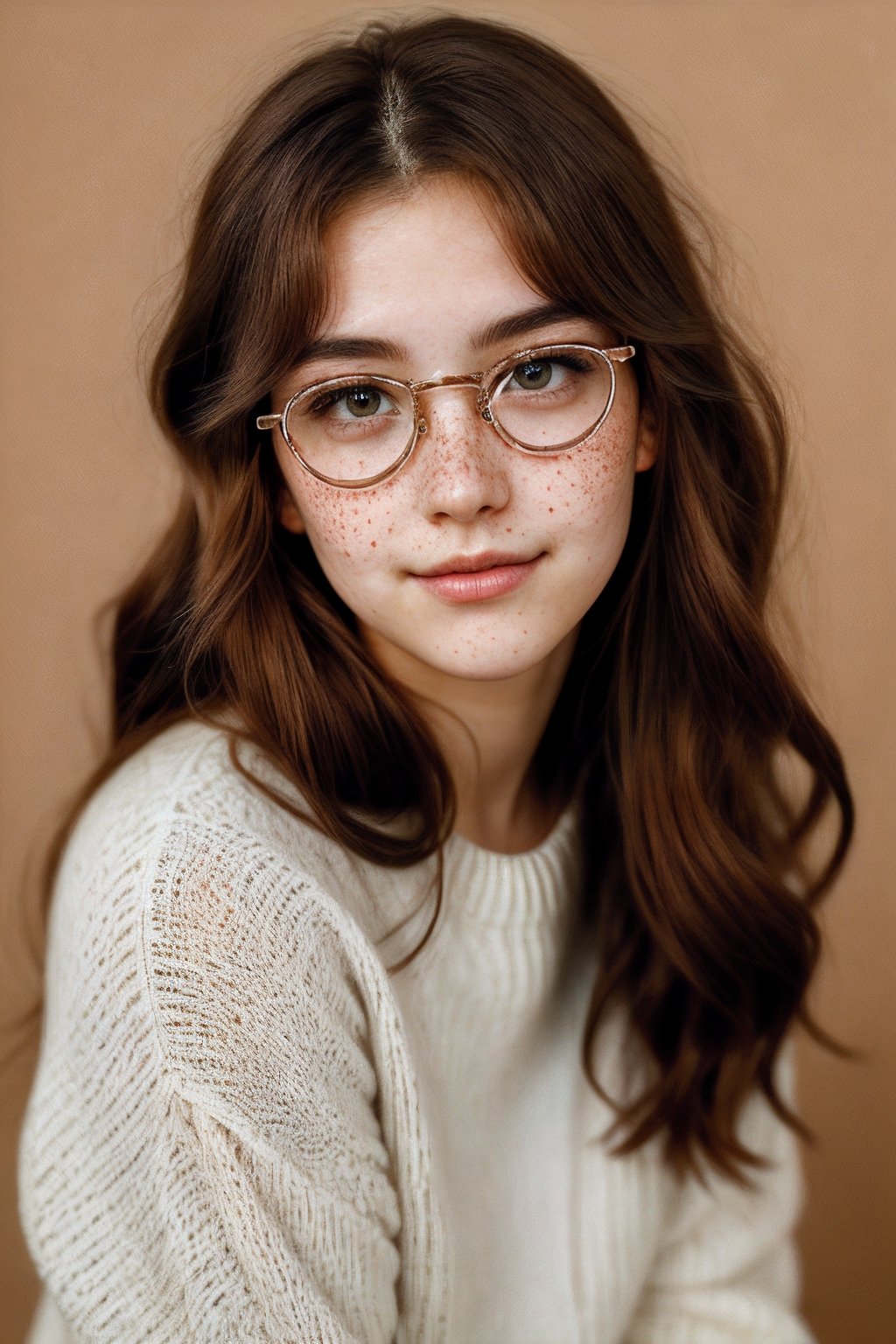 Professional studio, Masterpiece, 18 year old female, portrait, long red hair, slightly freckles, (shy), bored, sideways, eyeglasses, head turned, bashful, hiding, brown eyes, wide nose, nice outfit, beautiful, expressive eyes, cheesy backdrop,Detailedface,Photo Real